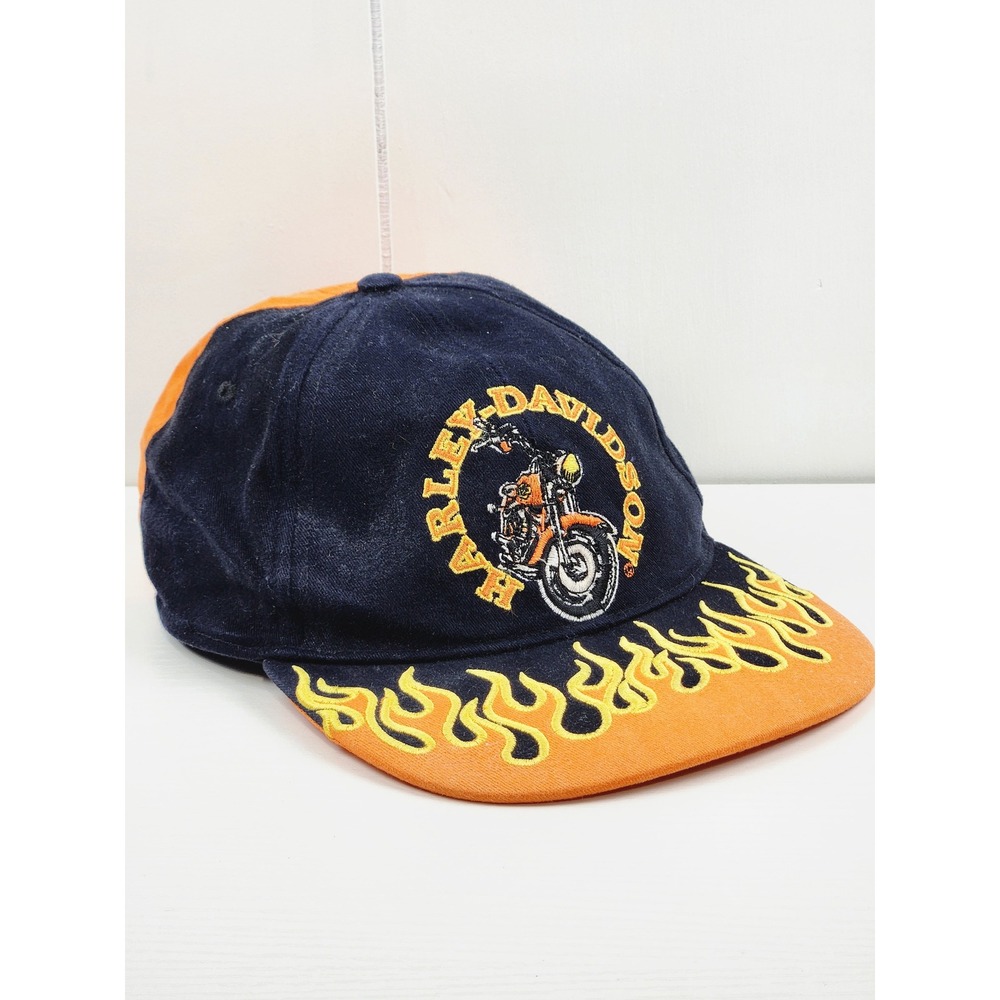 Vintage Harley-Davidson Snapback Hat Navy Orange Flame Embroidered Biker Cap y2k